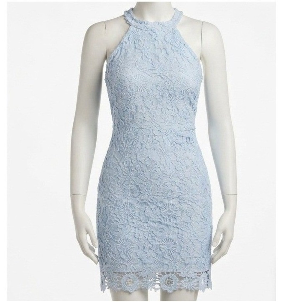 Lulus Love Poem Light Blue Mini Floral Lace Coquette Halter Dress XS NWT